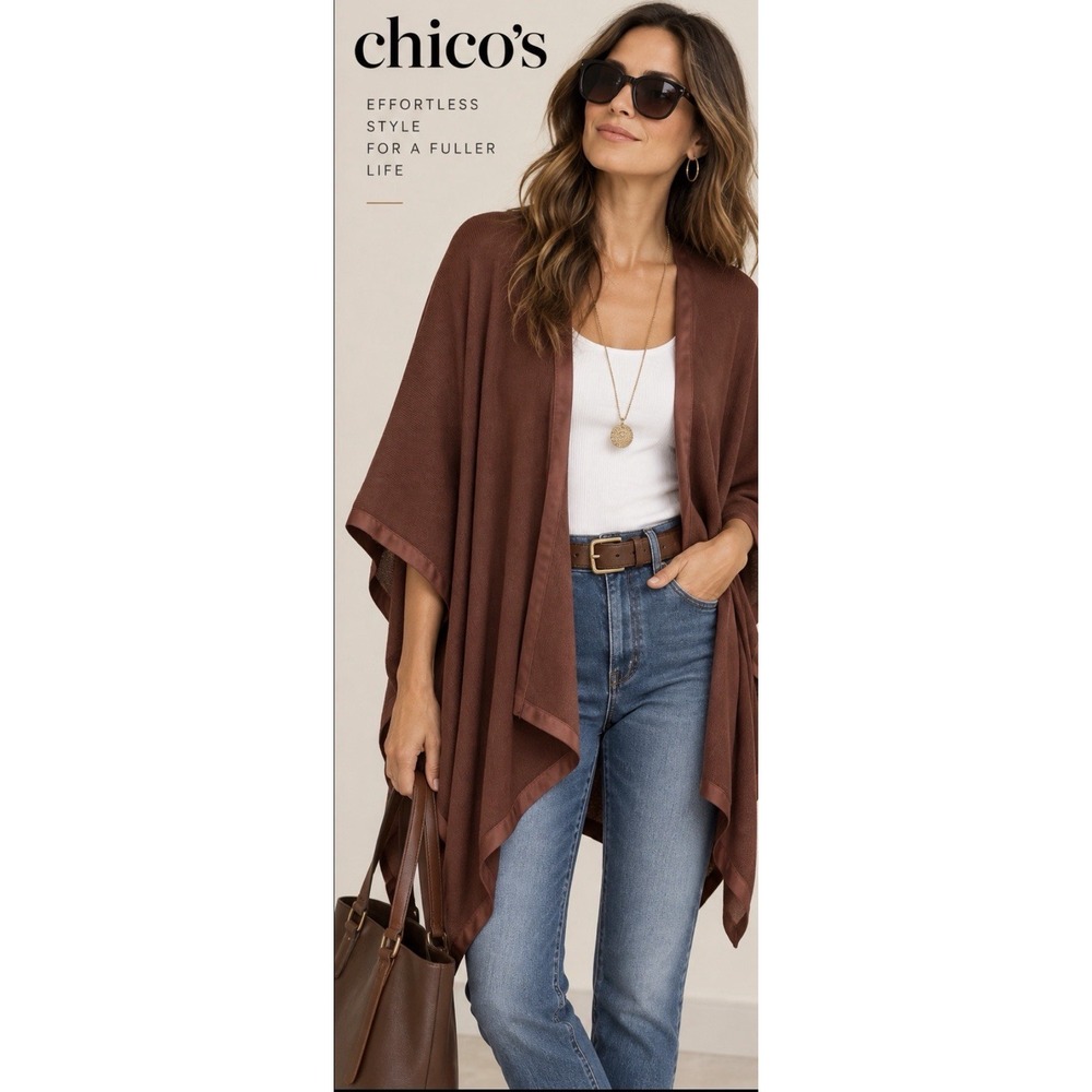 Chico's Brown Open Front Kimono Cardigan Poncho Cape S/M Fall Layering Boho NWT